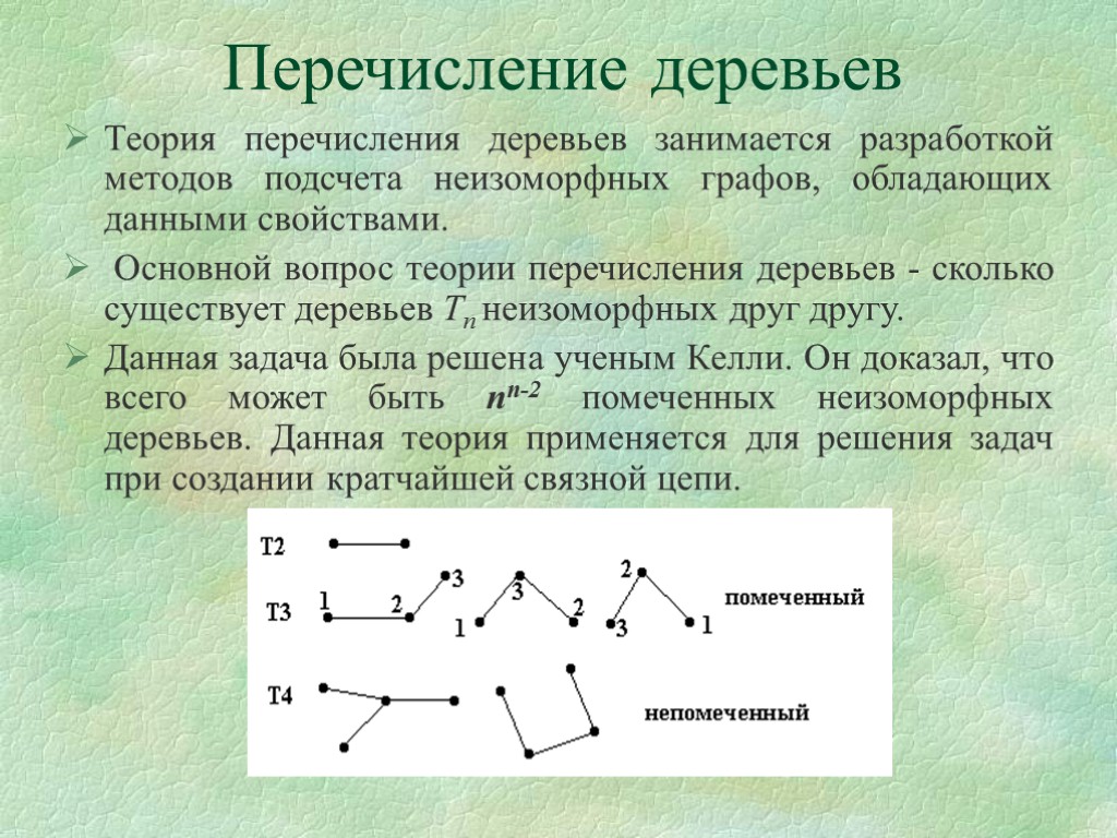 Перечисление деревьев Теория перечисления деревьев занимается разработкой методов подсчета неизоморфных графов, обладающих данными свойствами.